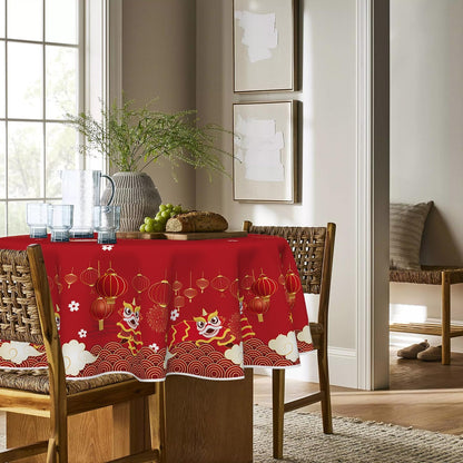 Horaldaily Newyear Tablecloth 60×60 Inch Round, Chinese Lunar New Year Lion Dance Lantern Red Washable Table Cover for Party Picnic Dinner Decor