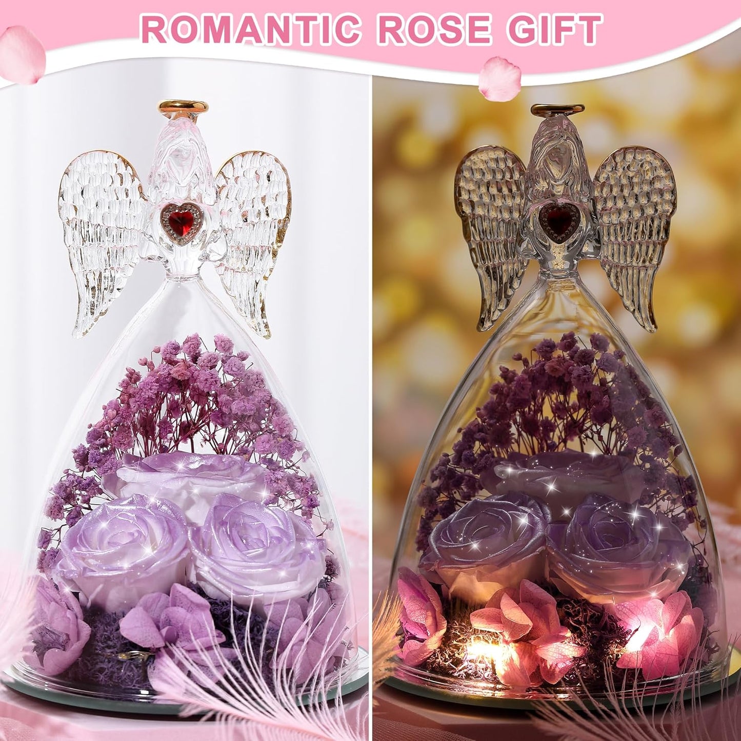 Mothers Day Rose Gifts for Women, Large Angel Figurines with Real Roses, Preserved Real Flower Rose for Her, Gardient Purple