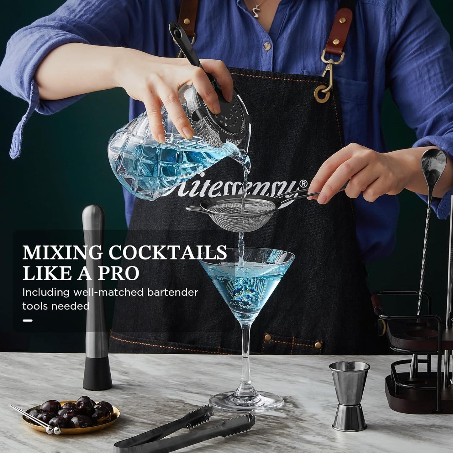 KITESSENSU Cocktail Shaker Set Bartender Kit with Stand | Complete 24-Piece Bar Set Cocktail Kit with All Bar Accessories, Black