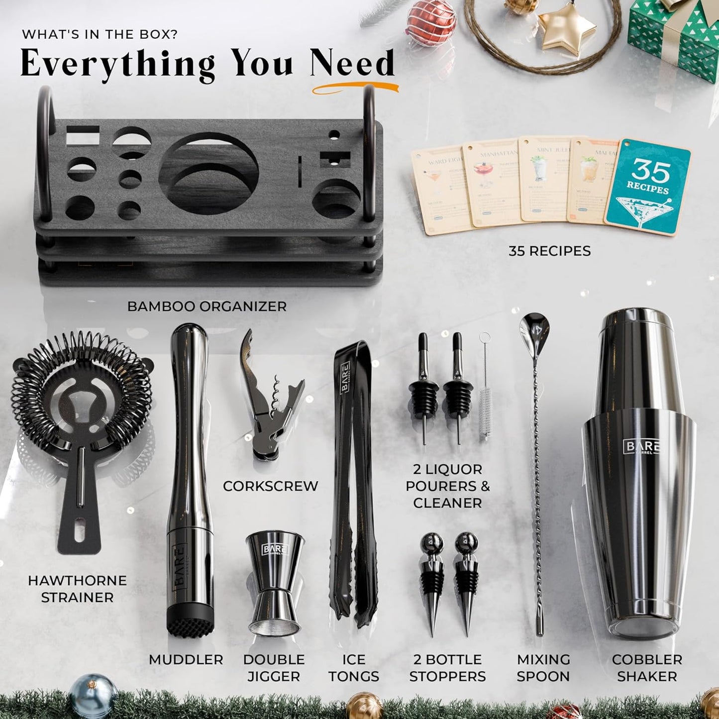BARE BARREL® Mixology Bartender Kit Bar Set | 14-Piece Cocktail Shaker Set | Martini Barware Mixing Tools for Home Bartending | 35 Recipe Cards | Gift Set (28oz Boston Shaker, Jet Black/Black)