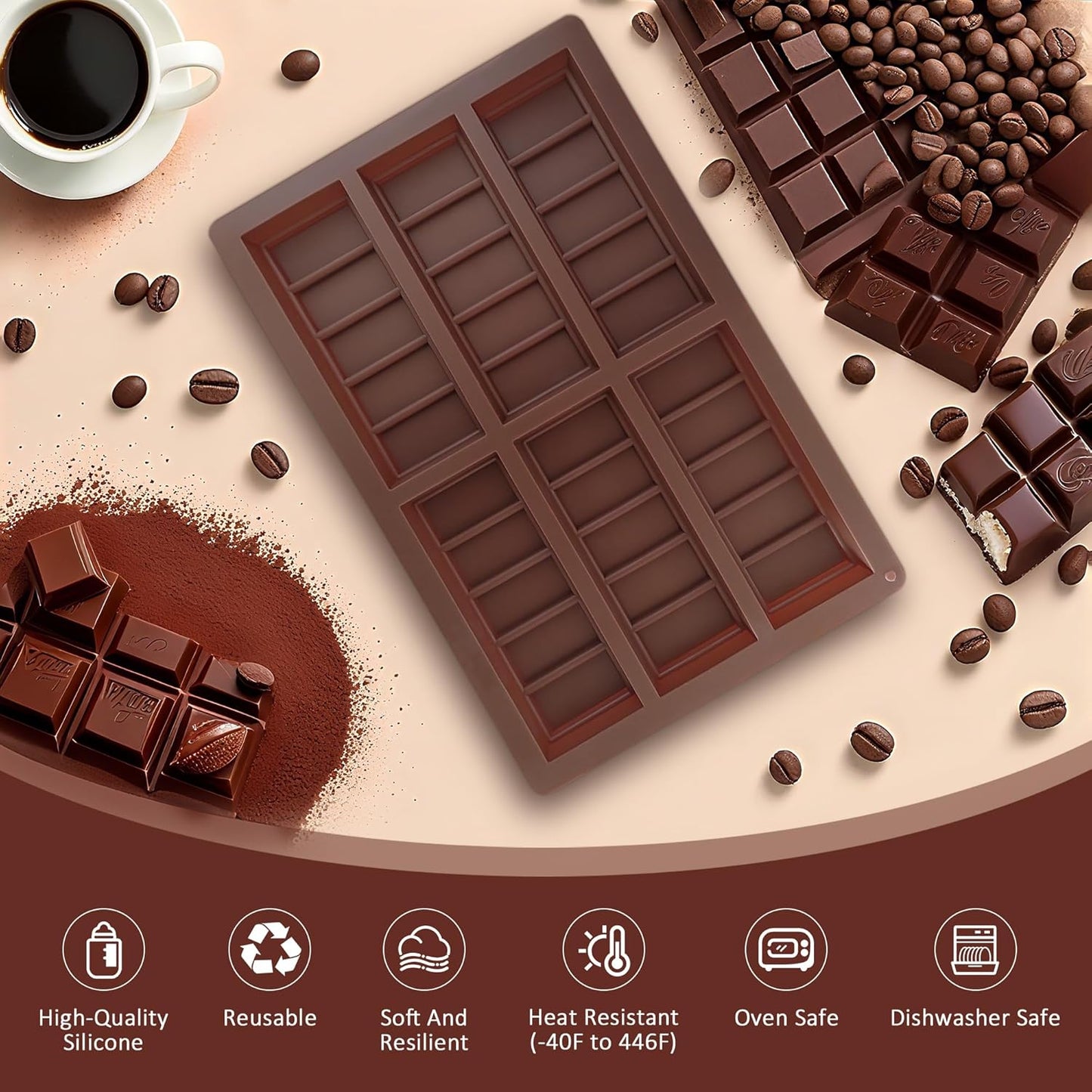 Chocolate Bar Mold - Deep Non-Stick Silicone Chocolate Molds for Homemade Dubai Pistachio Chocolate, Candy, Snacks, and Protein Bars (Reusable, Break Apart Design)