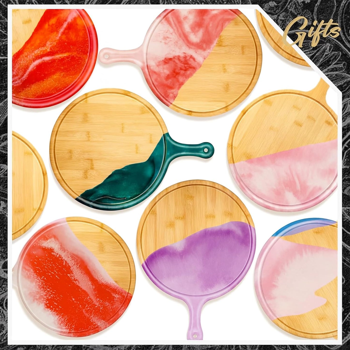 10 Pcs 15.4 x 11.4 Inch Wood Round Cutting Boards with Handle for Kitchen Serving and Food Preparation Featuring Use for Pizza Bread Cheese Charcuterie Vegetables (Bamboo)