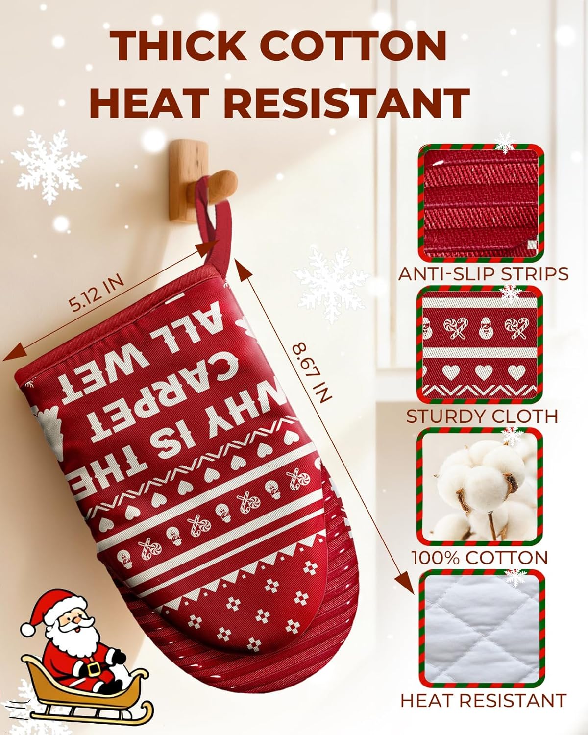 Slohif Mini Christmas Funny Oven Mitts Set – Extended Short Heat Resistant Kitchen Gloves for Women, 100% Cotton Oven Mitts with Silicone Grips, Non-Slip and Thick Durable for Cooking & Baking