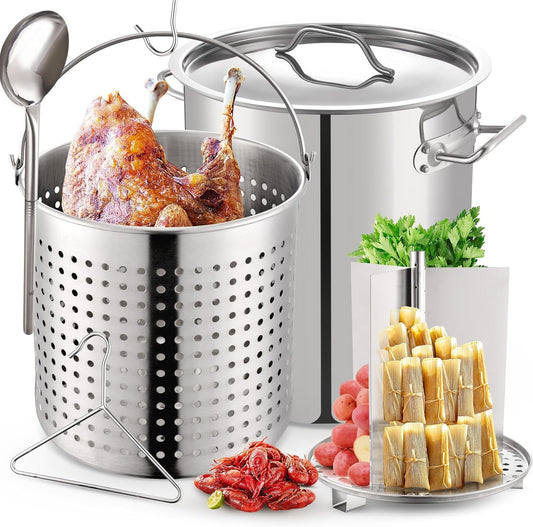 ARC 52quart Large Stainless Steel Stockpot with 36in Mixing Spoon for Seafood Boiler Crawfish Pot with Basket and Steam Rack,Long Handle Spoon for Large Batch Cooking Crab Lobster Shrimp, and Tamales