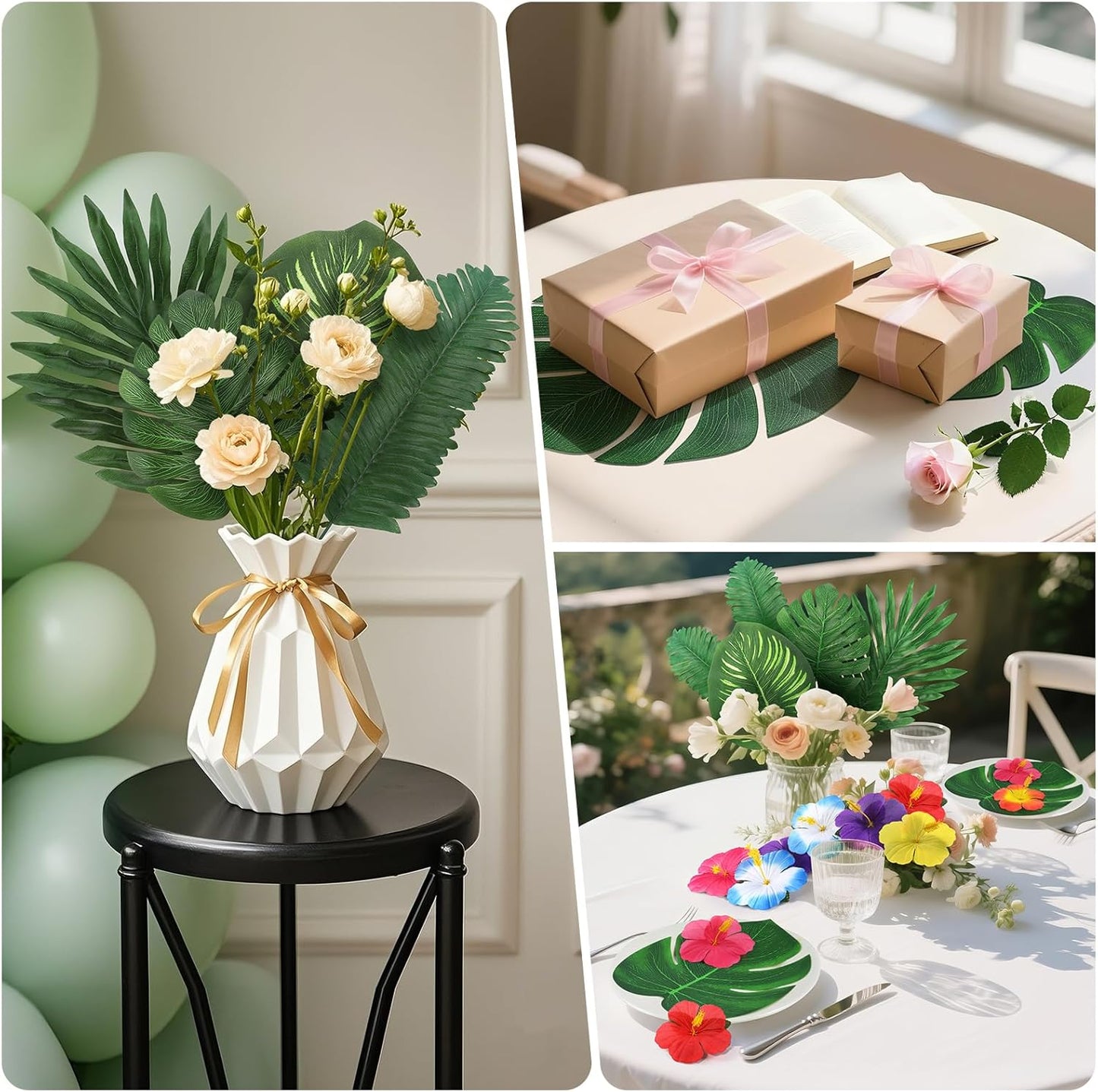 142Pcs Luau Party Decorations Fake Plant Palm Leave Monstera With Stems Hibiscus Flowers Artificial Tropical Leaves for Hawaiian Luau Safari Jungle Beach Wedding Birthday Theme Party Table Decorations