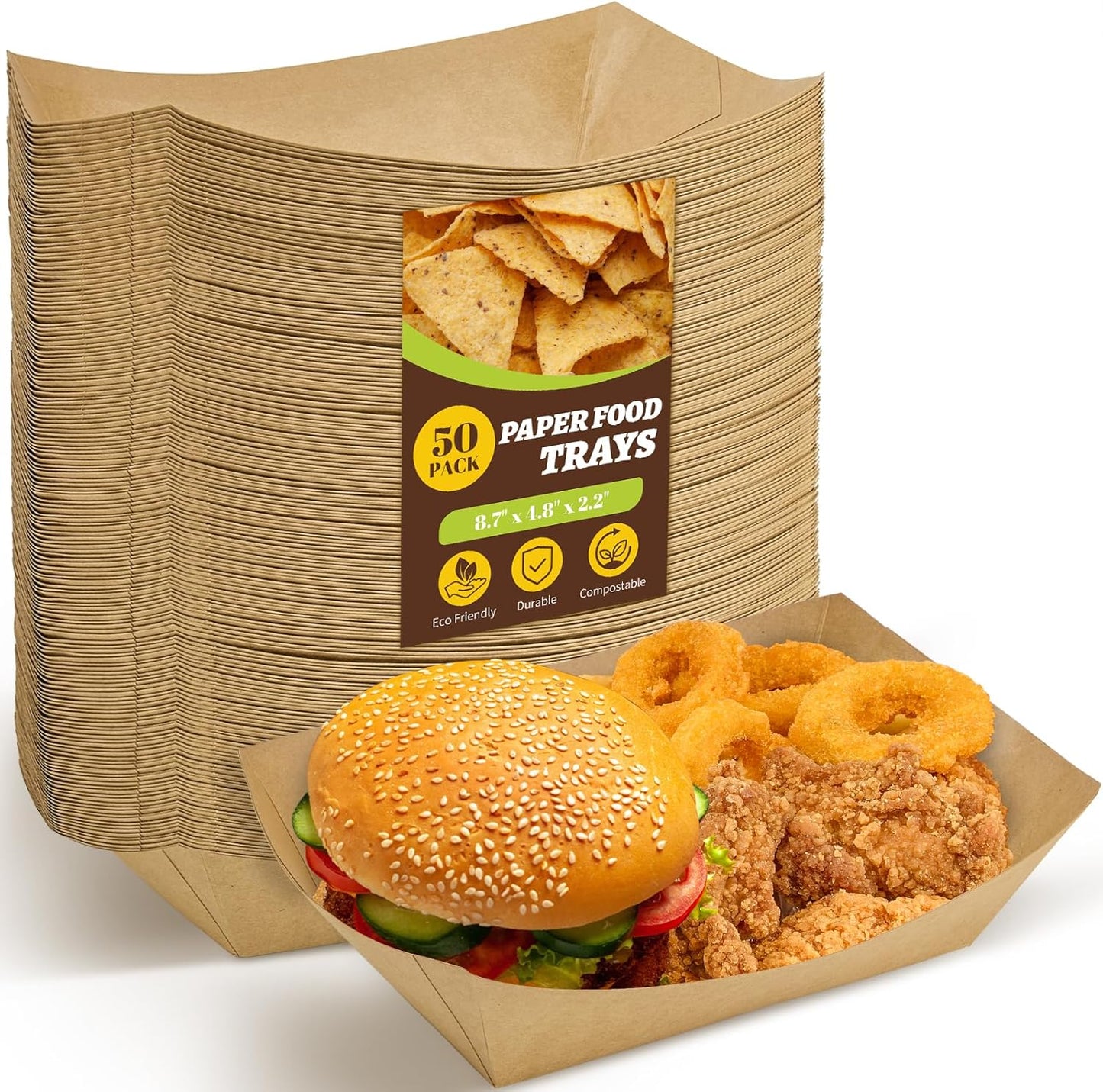 Ocmoiy 5lb Extra Large Paper Food Trays, 50 Pack Heavy Duty Kraft Food Boats Holders Disposable Serving Basket Trays for Nachos, Burgers, Fries, Tacos, Hot Dog, Sandwiches