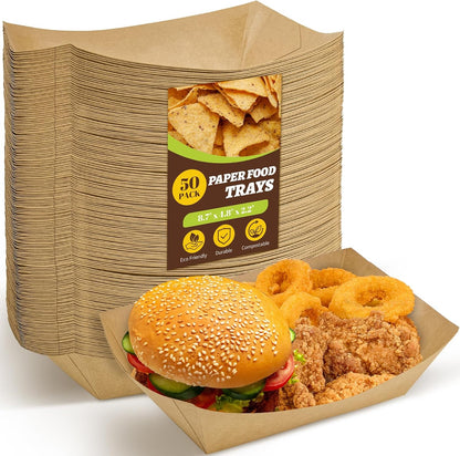 Ocmoiy 5lb Extra Large Paper Food Trays, 50 Pack Heavy Duty Kraft Food Boats Holders Disposable Serving Basket Trays for Nachos, Burgers, Fries, Tacos, Hot Dog, Sandwiches