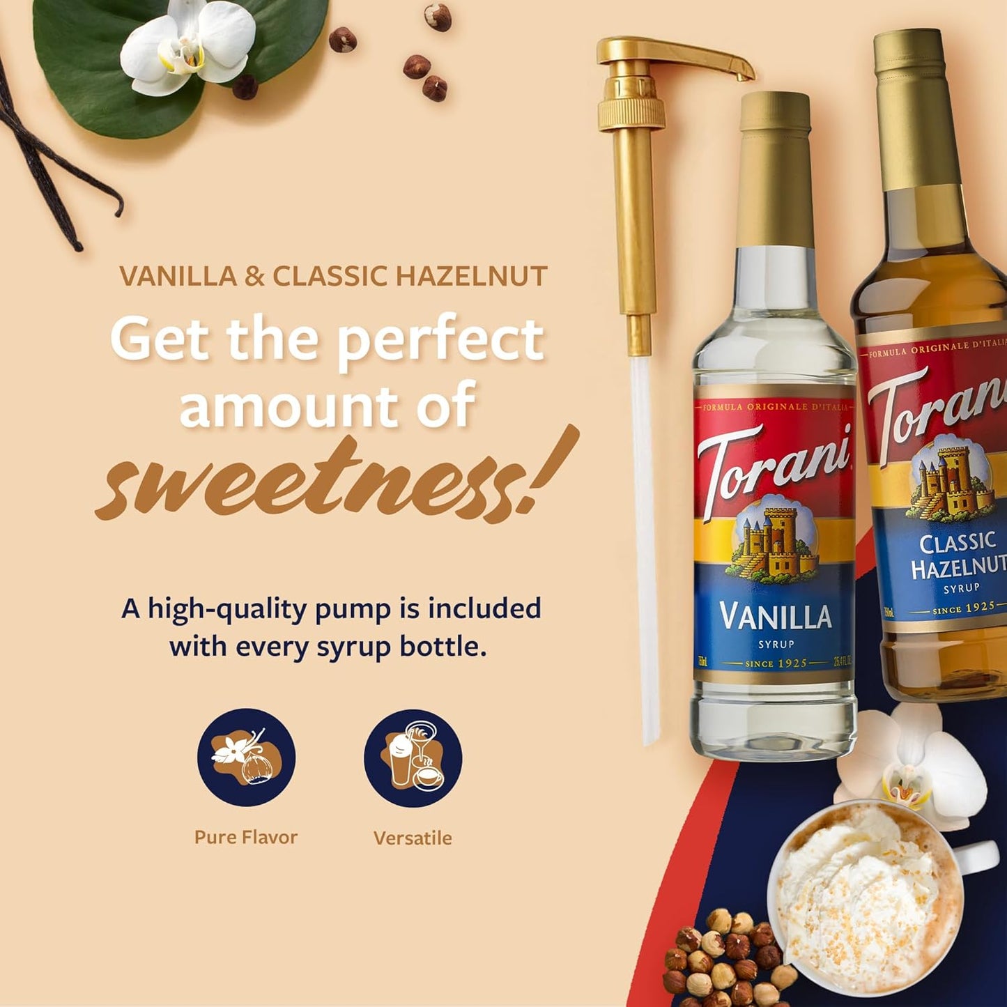 Torani Syrups, Classic Hazelnut and Vanilla Syrup Variety 2-Pack, Coffee Syrups for Drinks, Pumps Included, 25.4 Fl Oz Ea