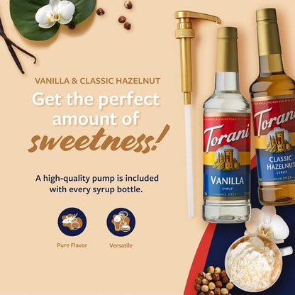 Torani Syrups, Classic Hazelnut and Vanilla Syrup Variety 2-Pack, Coffee Syrups for Drinks, Pumps Included, 25.4 Fl Oz Ea