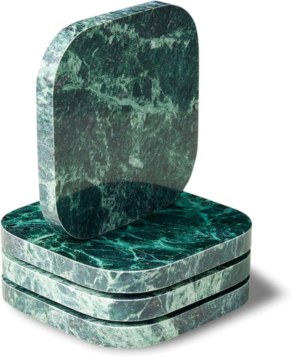 𝐈𝐭𝐚𝐥𝐢𝐚𝐧 Green Marble Coasters – Set of 4 – Square Modern Bar Coasters for Drinks, Coffee –Stone Holder for Home Décor, Housewarming Gifts (Dark Green)