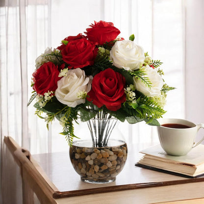 ENOVA FLORAL 18 Heads Silk Rose Artificial Flowers in Vase,Faux Rose Flowers Arrangement in Round Bowl Vase with Faux Water and River Rock for Table Decor Centerpieces (Cream Red)
