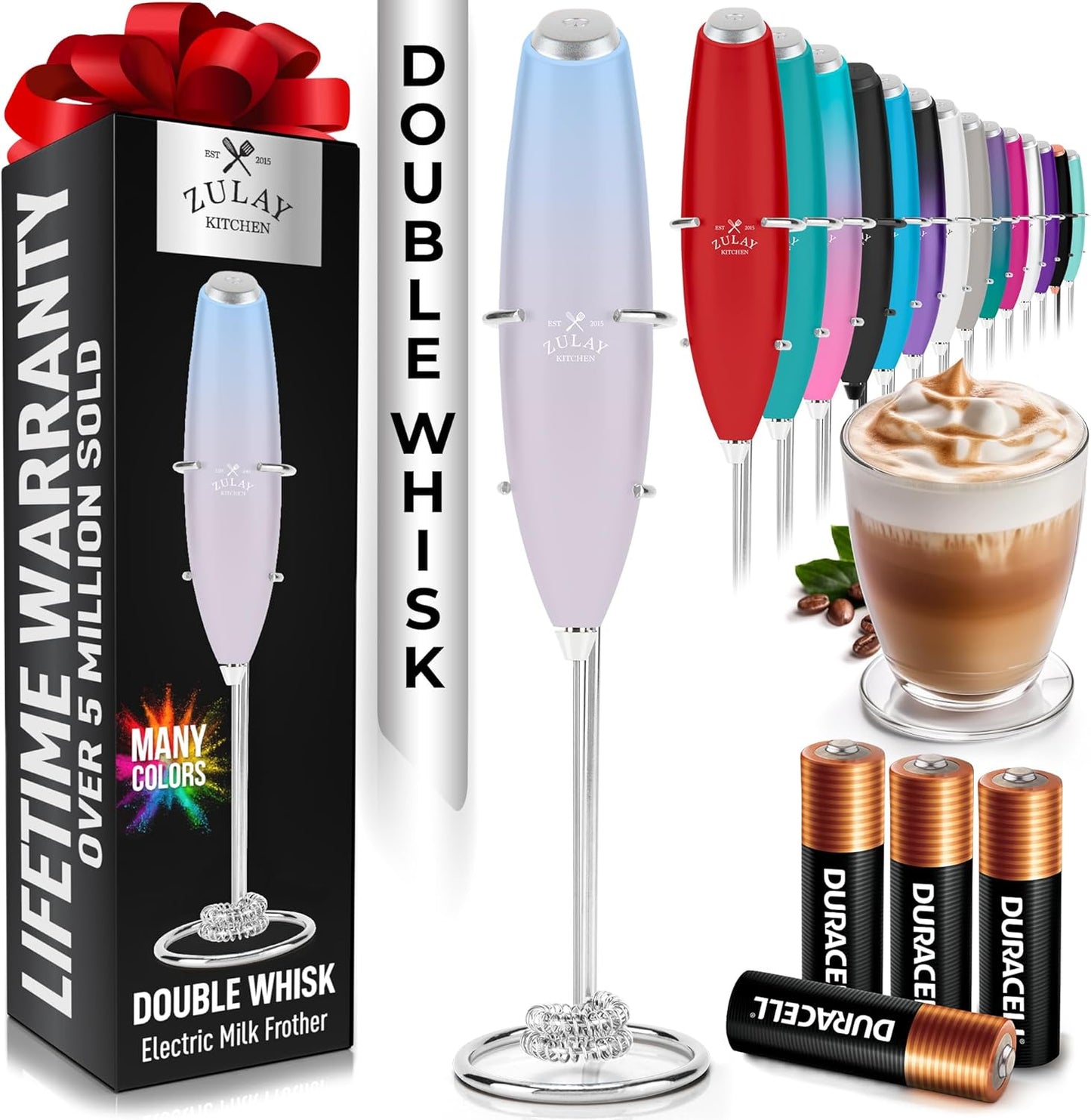 Zulay Kitchen Whisk Milk Frother with 4 Duracell Batteries - Powerful Handheld Foam Maker for Coffee, Lattes, Matcha, Hot Chocolate & Cappuccinos - Whip Creamy Froth in Seconds