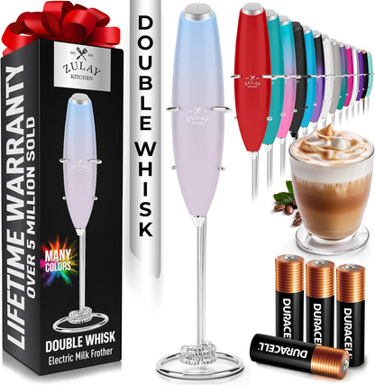 Zulay Kitchen Whisk Milk Frother with 4 Duracell Batteries - Powerful Handheld Foam Maker for Coffee, Lattes, Matcha, Hot Chocolate & Cappuccinos - Whip Creamy Froth in Seconds