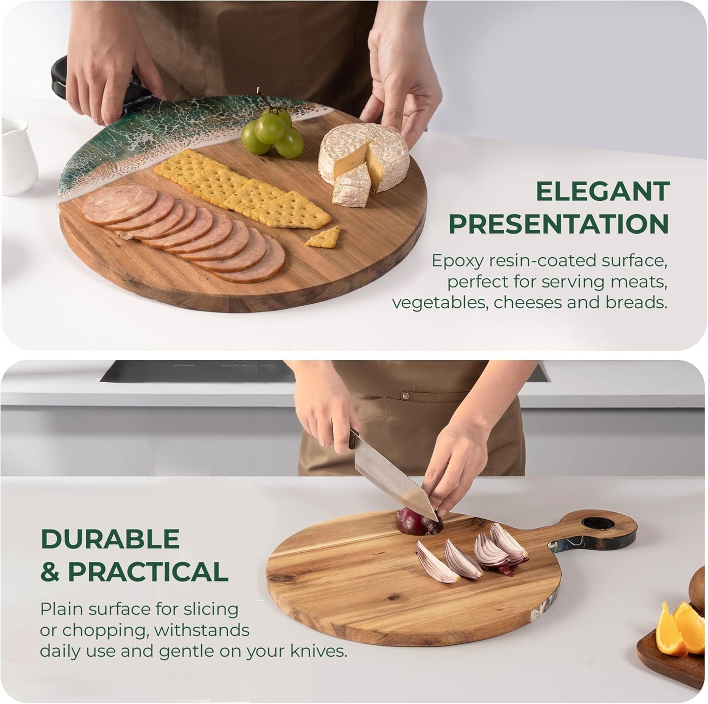 Acacia Wood Serving Board with Ocean Resin Art, 14.6" x 10.2" Charcuterie Cheese Tray for Display & Prep, Cutting Board on Back, Includes Stand & Loofah, Christmas Housewarming Gift (Round)