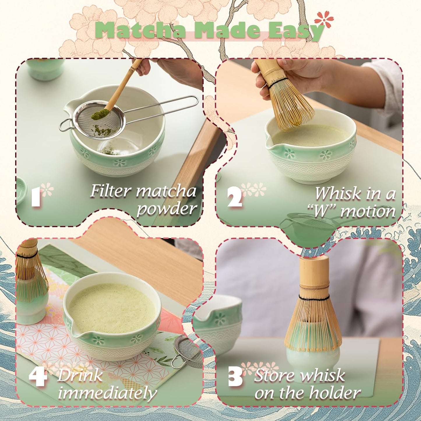 Matcha Tea Set, 8 Pcs Japanese Matcha Kit with Cherry Blossom and Wave Design Ceramic Bowl, Bamboo Whisk, Whisk Holder, Scoop, Sifter, Brush, Matcha Kit Set for Matcha Lovers (Green Gradient)