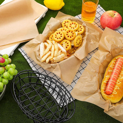Hushee 12 Pcs Wire Bread Basket Black 11.8 x 7.9 x 2.2 Large Oval Metal Dinner Roll Baskets Bulk for Serving Fruit Bowl Storage with 50 Sheet Deli Wrapper Paper for Restaurant Kitchen Table Fast Food