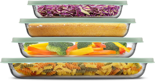 JoyJolt 8-Piece Borosilicate Glass Oven Dishes with Sage Green Lids, Rectangle Deep Glass Baking Dish Set, Baking Pans for Lasagna Casserole Cake, Bakeware Set, Freezer to Oven Tray to Dishwasher