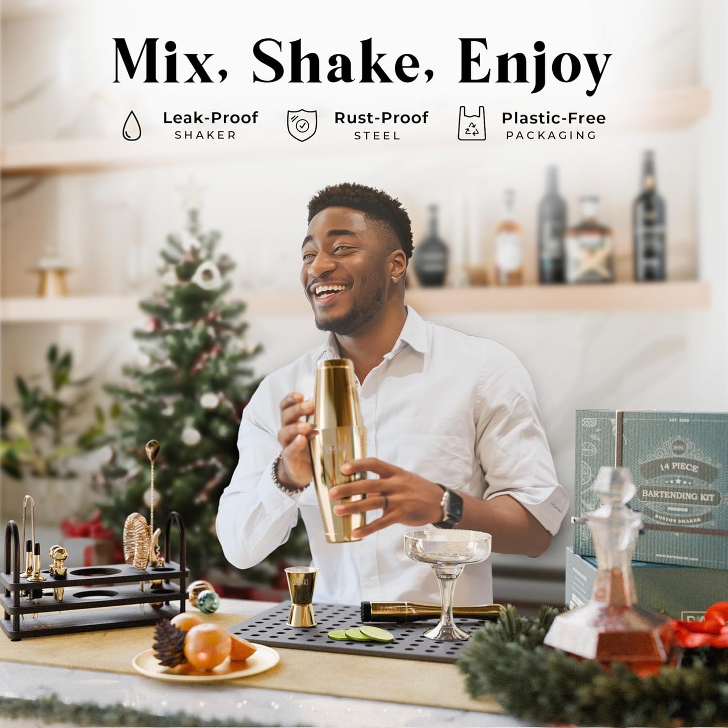BARE BARREL® Mixology Bartender Kit Bar Set | 14-Piece Cocktail Shaker Set | Martini Barware Mixing Tools for Home Bartending | 35 Recipe Cards | Gift Set (28oz Boston Shaker, Gold/Black)