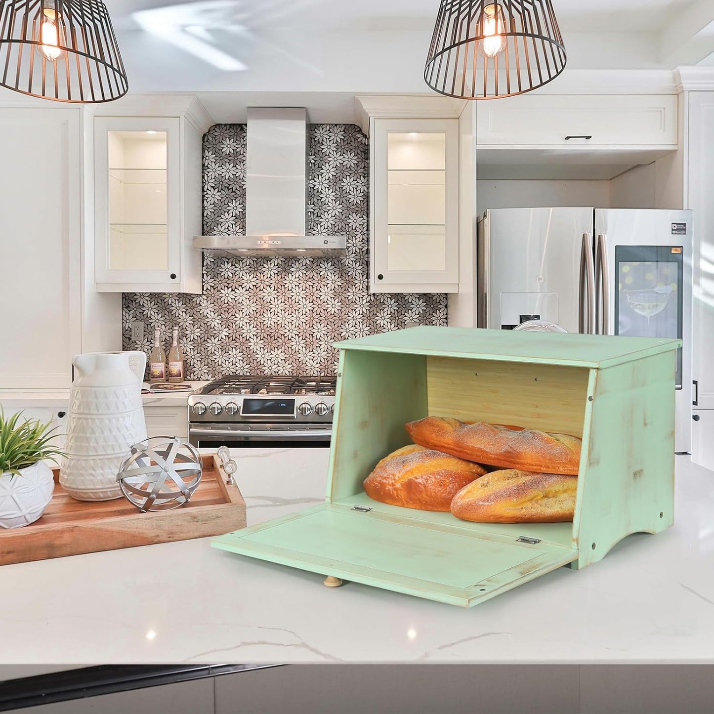 HOMEKOKO Large Wood Bread Box for Kitchen Counter, Retro Design Single Layer Bamboo Large Capacity Food Storage Bin (Mint Green)