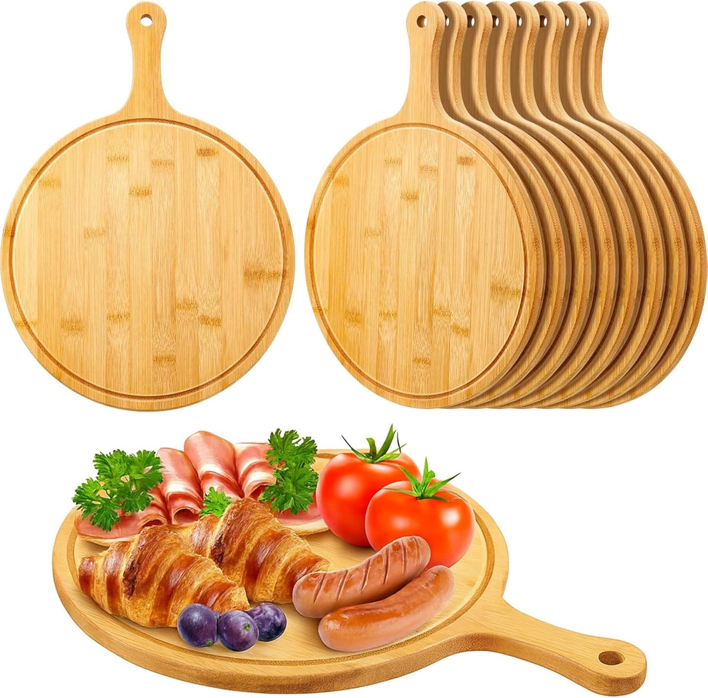 10 Pcs 15.4 x 11.4 Inch Wood Round Cutting Boards with Handle for Kitchen Serving and Food Preparation Featuring Use for Pizza Bread Cheese Charcuterie Vegetables (Bamboo)