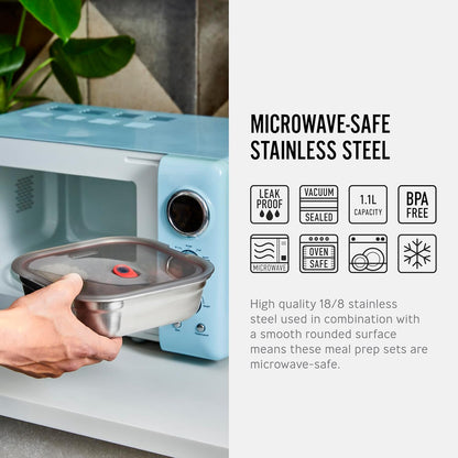 BLACK + BLUM Lunch Box - Meal Prep Containers Reusable for Picnic & Camping - Microwavable Stainless Steel Lunch Dinner Food Storage Box with Leak Proof Lid - Dishwasher Oven Safe - Large Square 37oz