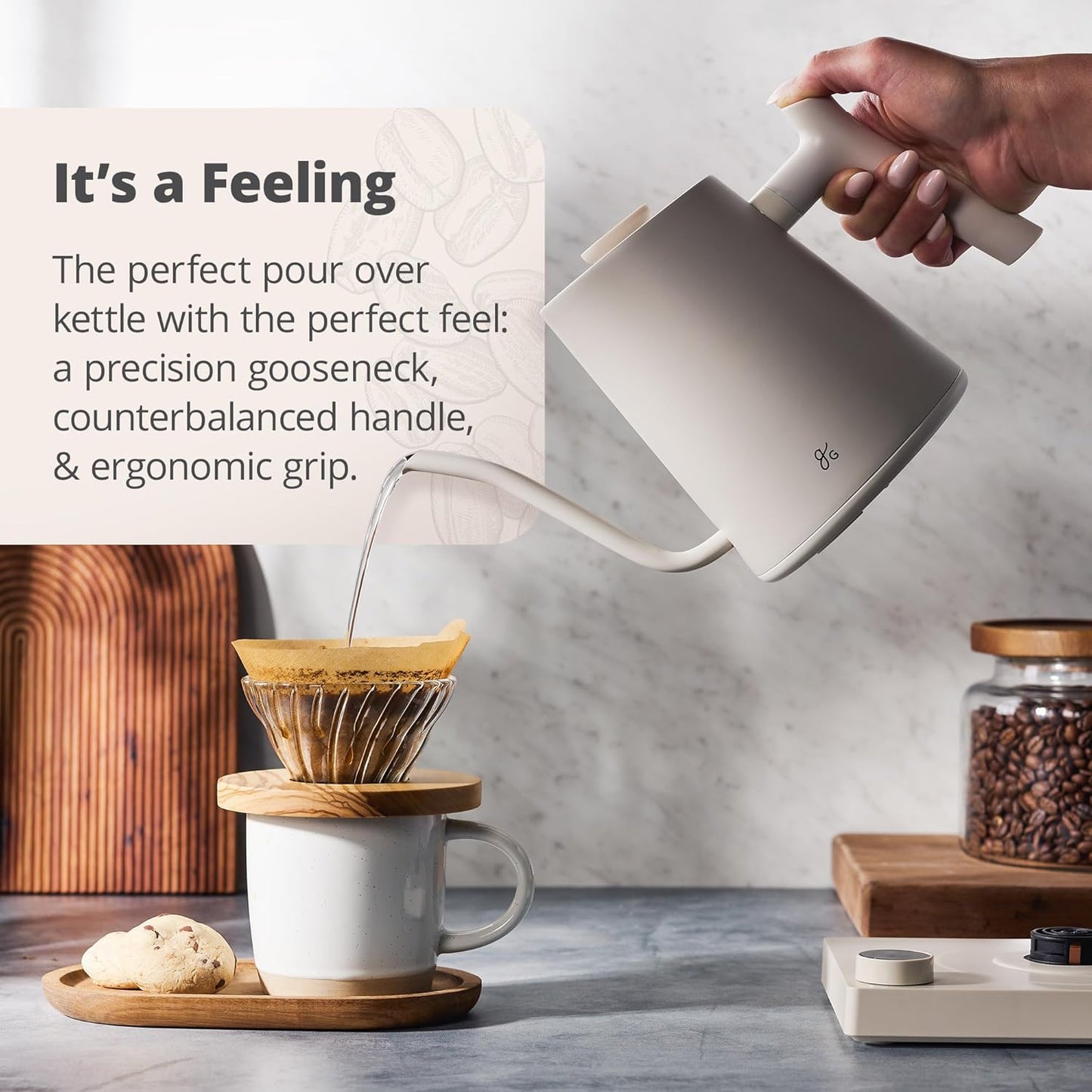 Greater Goods Electric Gooseneck Kettle, 1200W Stainless Steel with Precision Temperature Control, Fast Boil, BPA-Free, Ideal for Pour Over Coffee and Tea,1L (Birch)