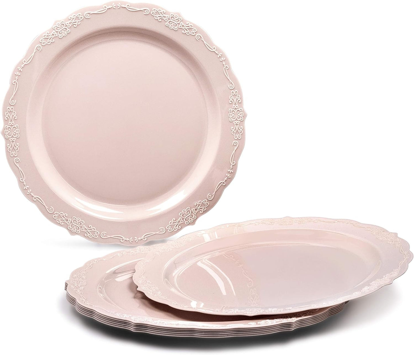 " OCCASIONS " 320 Piece set (40 Guests)-Vintage Wedding Party Disposable Plastic Plates & cutlery -40 x 10'' + 40 x 7.5'' + Silverware + Cups + Napkins (Verona in Blush/Antique Rose)