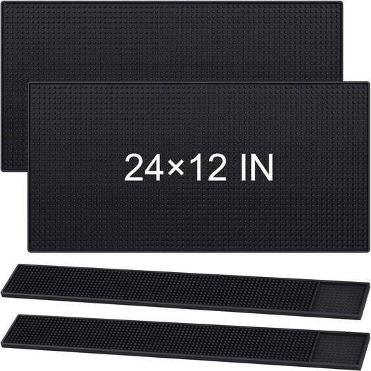 4 Pcs Thick Rubber Bar Mats for Bartending, Durable Non-Slip Spill Mat for Countertop, Home Kitchen, Coffee Bars, and Restaurants Accessories, Black(24" X 12"+24" X 3")