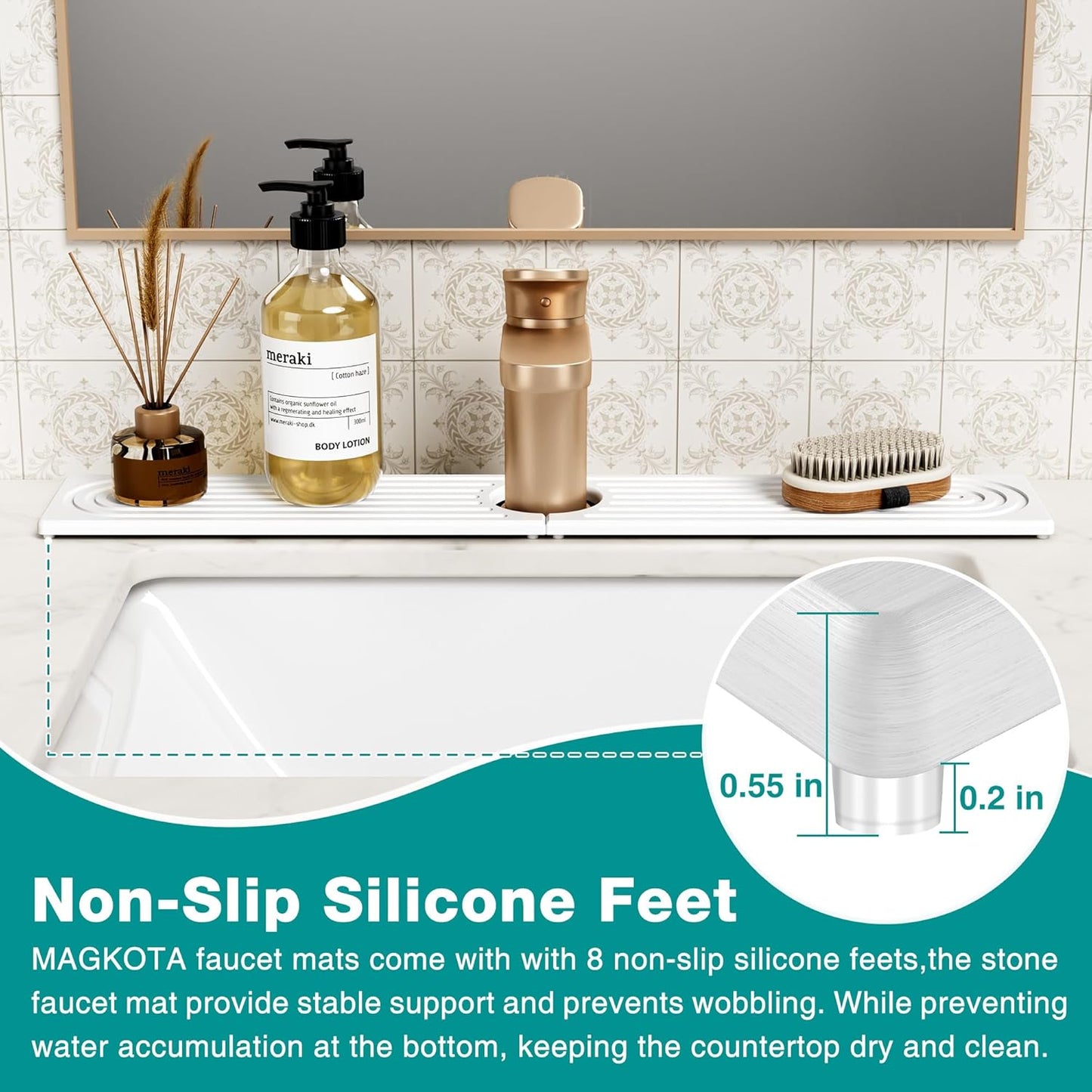 Stone Faucet Mat for Kitchen Sink - Quick Dry Diatomite Sink Splash Guard, Prevents Moisture Buildup & Water Stains, Water Absorbing Stone Tray for Bathroom Countertop (White, 23.6" x 4")