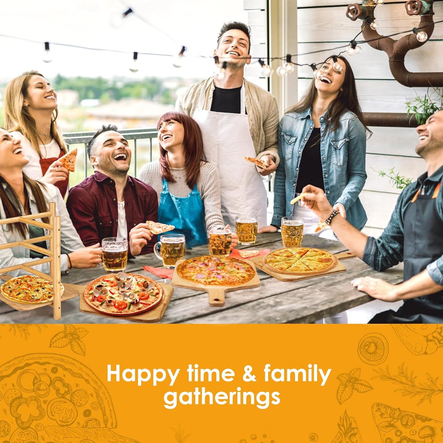 4 pcs Pizza Peel with Stand Smooth Pizza Paddle Pizza Cutting Board with 6 Slice Grooves Premium Serving Tray with Stainless Steel Pizza Cutting wheel and Pizza Shovel