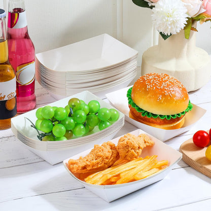 50 Pcs 2lb Paper Food Boat Trays Disposable，Snack Tray，Food Trays for Snack French Hot Dog Taco Popcorn Picnic party Wedding，Concession Stand Supplies (White)