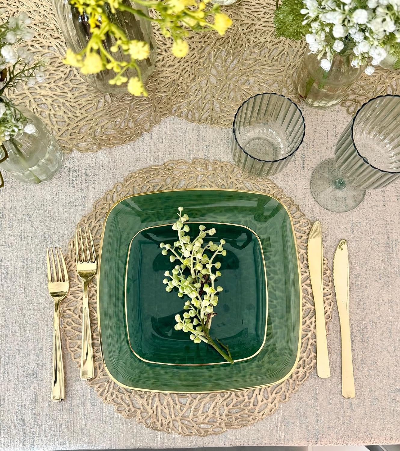 " OCCASIONS " 120 Pieces Pack,(60 Guests) Premium Wedding Party Disposable Plastic Plates Set -60 x 10'' Dinner + 60 x 7'' Salad/Dessert (Belize Square in Green & Gold)