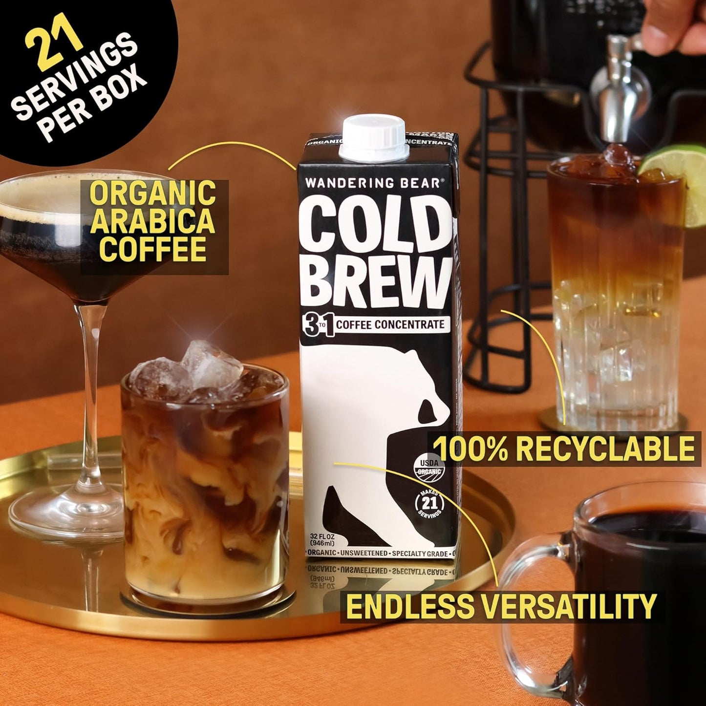 Wandering Bear Organic Unsweetened Extra Strong Cold Brew in a Box - Make Your Own Iced Coffee Drink with Wandering Bear Black Concentrate, Shelf-Stable - 21 Servings - 32 fl.oz