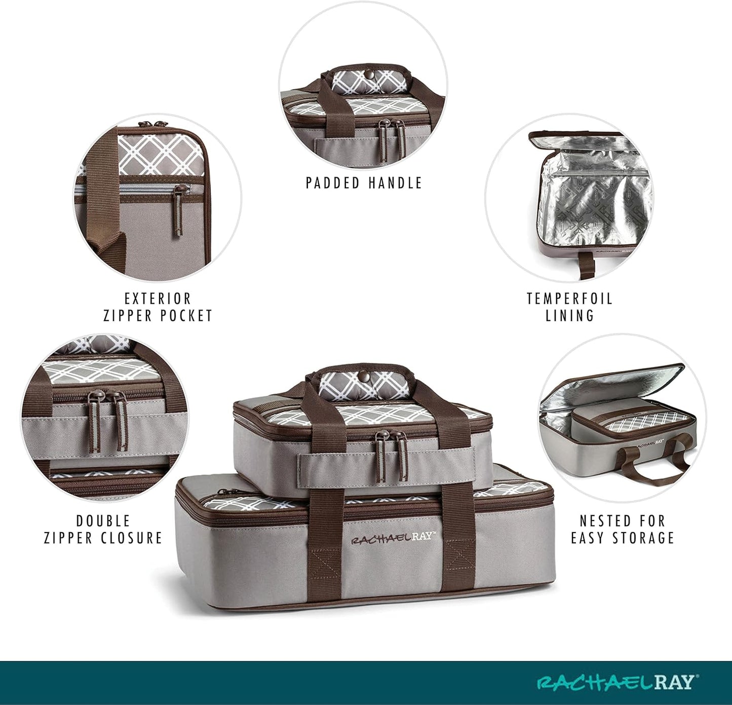 Rachael Ray Lugger Duo, Insulated Casserole Carrier for Hot or Cold Food, Thermal Lasanga Lugger Tote for Pockluck, Parties, Picnic, and Cookouts, Fits 9" x 13" Baking Dish, Sea Salt Grey