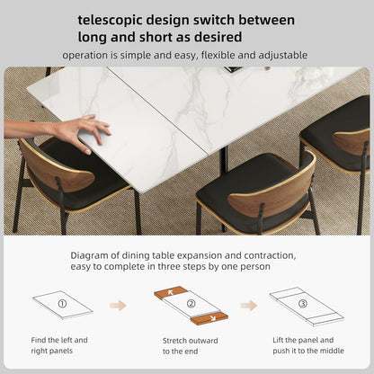 62.9"-94.4" Modern Extendable Dining Table for 6 to 10 Seats, Rectangular Sintered Stone Table with High Hardness and Easy Maintenance for Dining Room Family Gathering, White Top