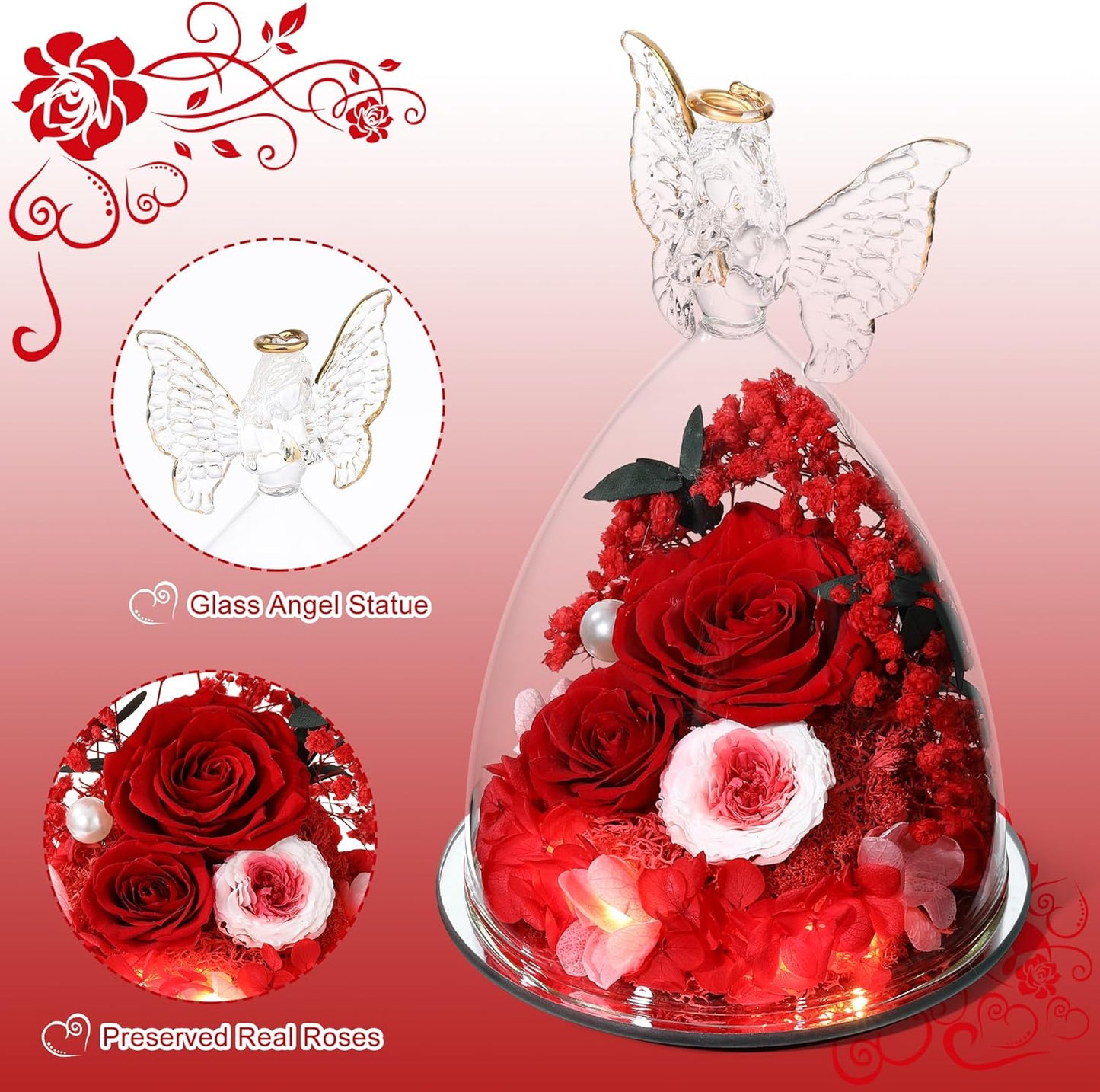Christmas Rose Gifts for Women Preserved Real Flower in Glass Angel Figurines Roses for Delivery Prime Birthday Gifts for Mom Grandma Girlfriend Wife Her,Red Pink Austin Roses