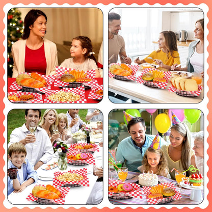 Hushee 12 Pcs Wire Bread Basket 9.5x6.2x2.2 Inch Halloween Candy Basket Oval Metal Dinner Roll Baskets for Serving Fruit Bowl with 50 Deli Wrapper Paper for Kitchen Fast Food(Black,Red White Plaid)