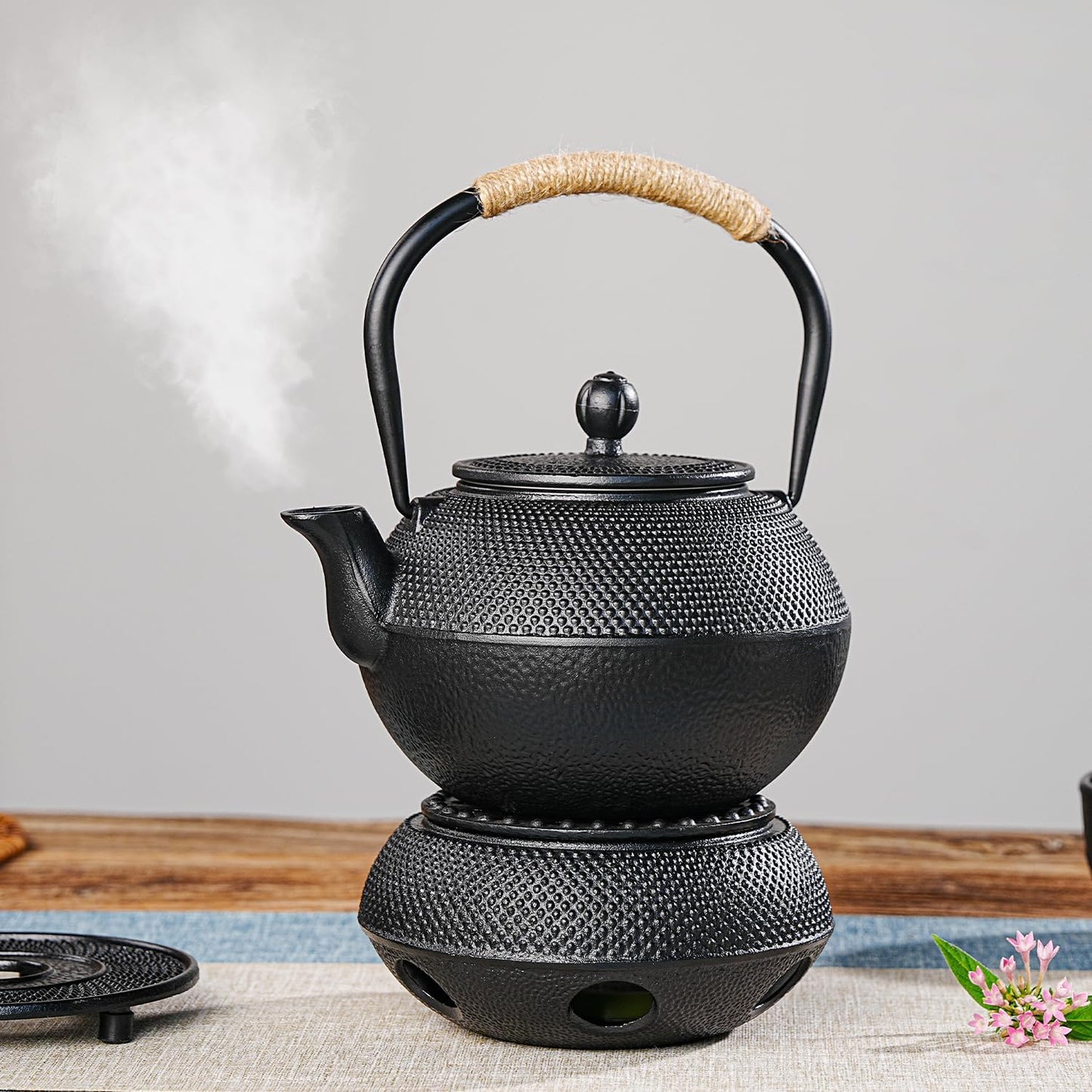 Sungmor Black Cast Iron Teapot Warmer - Japanese Tea Heater Base with Candle Holder, Heat Retaining Stand for Tetsubin or Glass & Ceramic Teapots