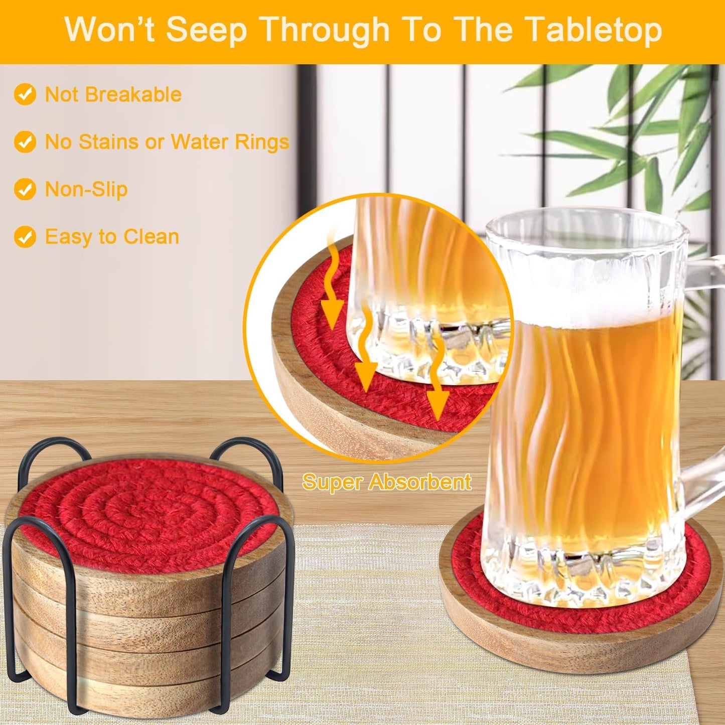 Woven Coasters Set of 5 with Holder, Wooden Drink Coasters for Coffee Table, Housewarming Gift for Farmhouse Home Decor, 4 inches (Red)