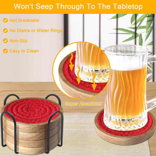 Woven Coasters Set of 5 with Holder, Wooden Drink Coasters for Coffee Table, Housewarming Gift for Farmhouse Home Decor, 4 inches (Red)