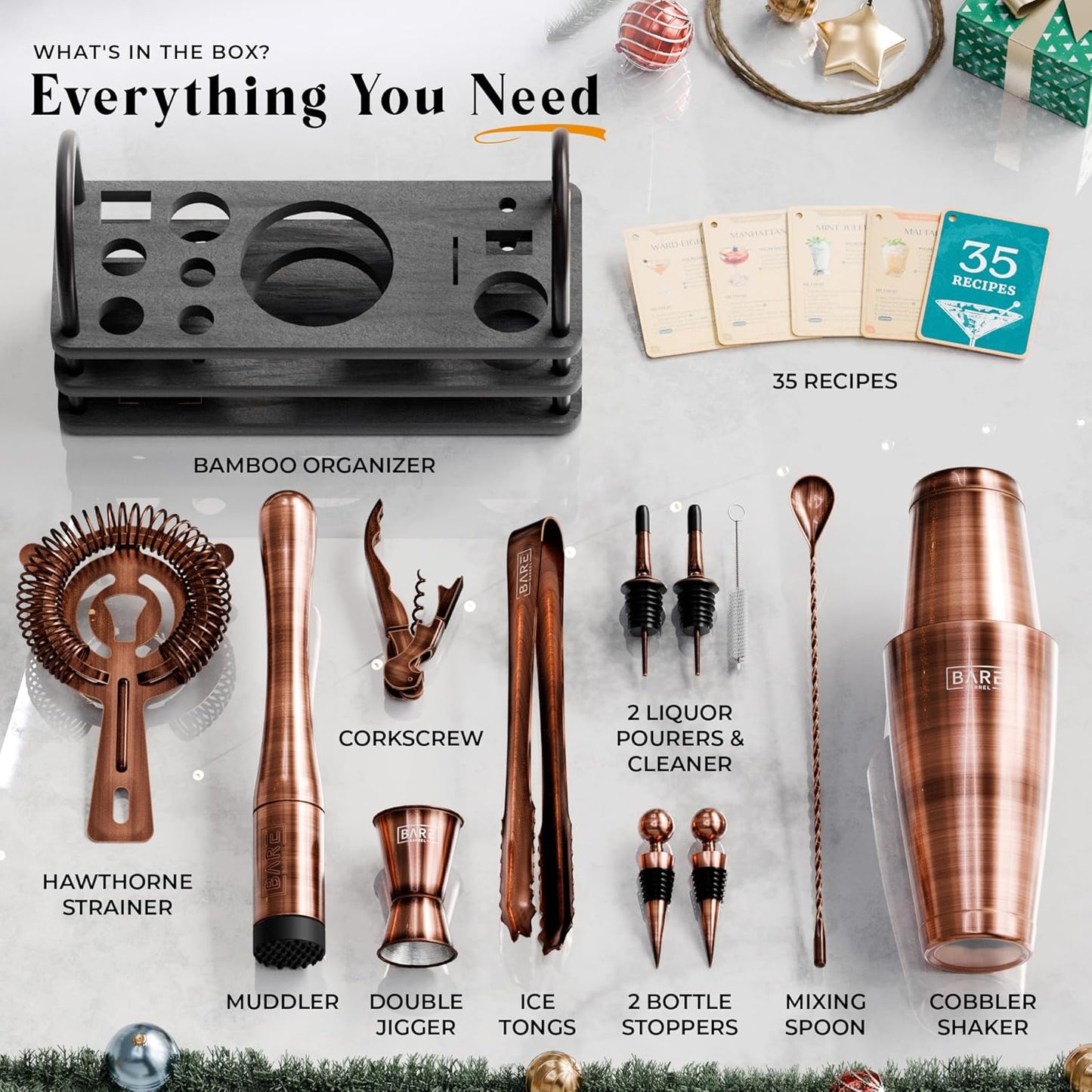 BARE BARREL® Mixology Bartender Kit Bar Set | 14-Piece Cocktail Shaker Set | Martini Barware Mixing Tools for Home Bartending | 35 Recipe Cards | Gift Set (28oz Boston Shaker, Copper/Black)