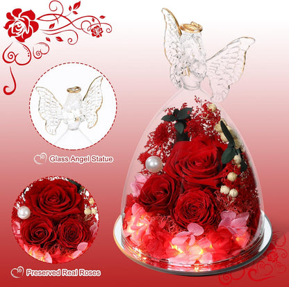 Christmas Rose Gifts for Women Preserved Real Flower in Glass Angel Figurines Roses for Delivery Prime Birthday Gifts for Mom Grandma Girlfriend Wife Her, Red Austin Roses