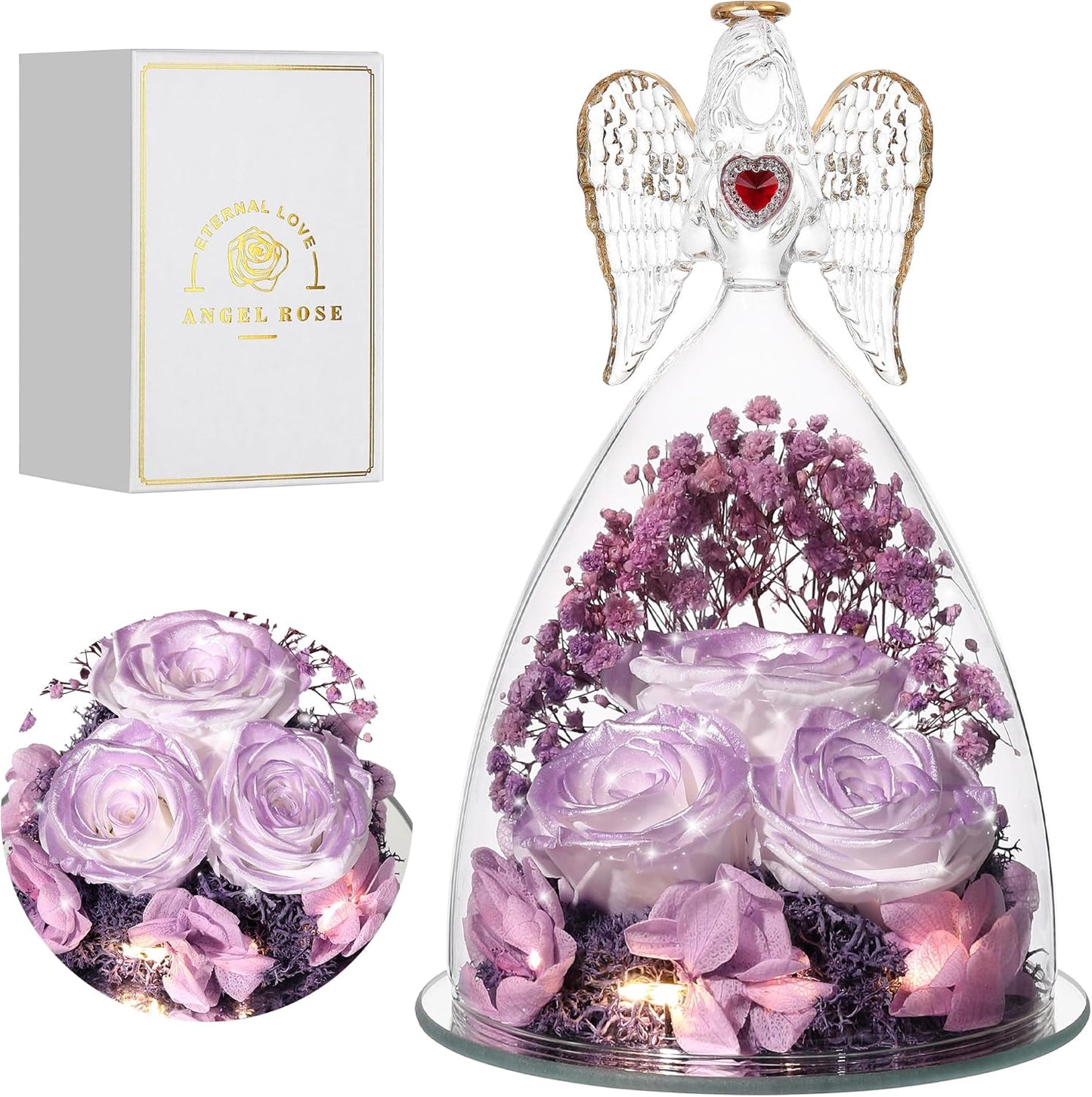 Mothers Day Rose Gifts for Women, Large Angel Figurines with Real Roses, Preserved Real Flower Rose for Her, Gardient Purple