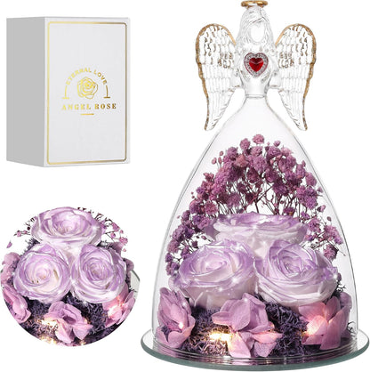 Mothers Day Rose Gifts for Women, Large Angel Figurines with Real Roses, Preserved Real Flower Rose for Her, Gardient Purple
