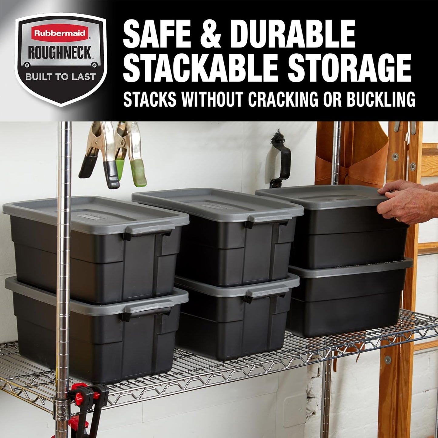 Rubbermaid 6-Pack Heavy Duty Durable 3 GAL Totes for Storage with Snap Lids and Handles, Plastic Storage Bins Stackable Black Gray for Home and Garage (3 GAL - 6 Pack Solid Black and Grey)