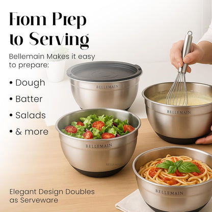 Bellemain Mixing Bowls with Lids Set - Stainless Steel Mixing Bowls with Airtight Lids - Food Storage Containers - 3PCS Set with Non-Slip Bottoms Kitchen Essentials for Baking - Serving