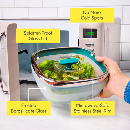 Anyday 5.5-Cup Square Glass Food Storage with Glass Lid | Plastic-Free Meal Prep & Microwave Cookware | Stackable Airtight Storage Container with Vented Lid for Microwave-Safe Reheating