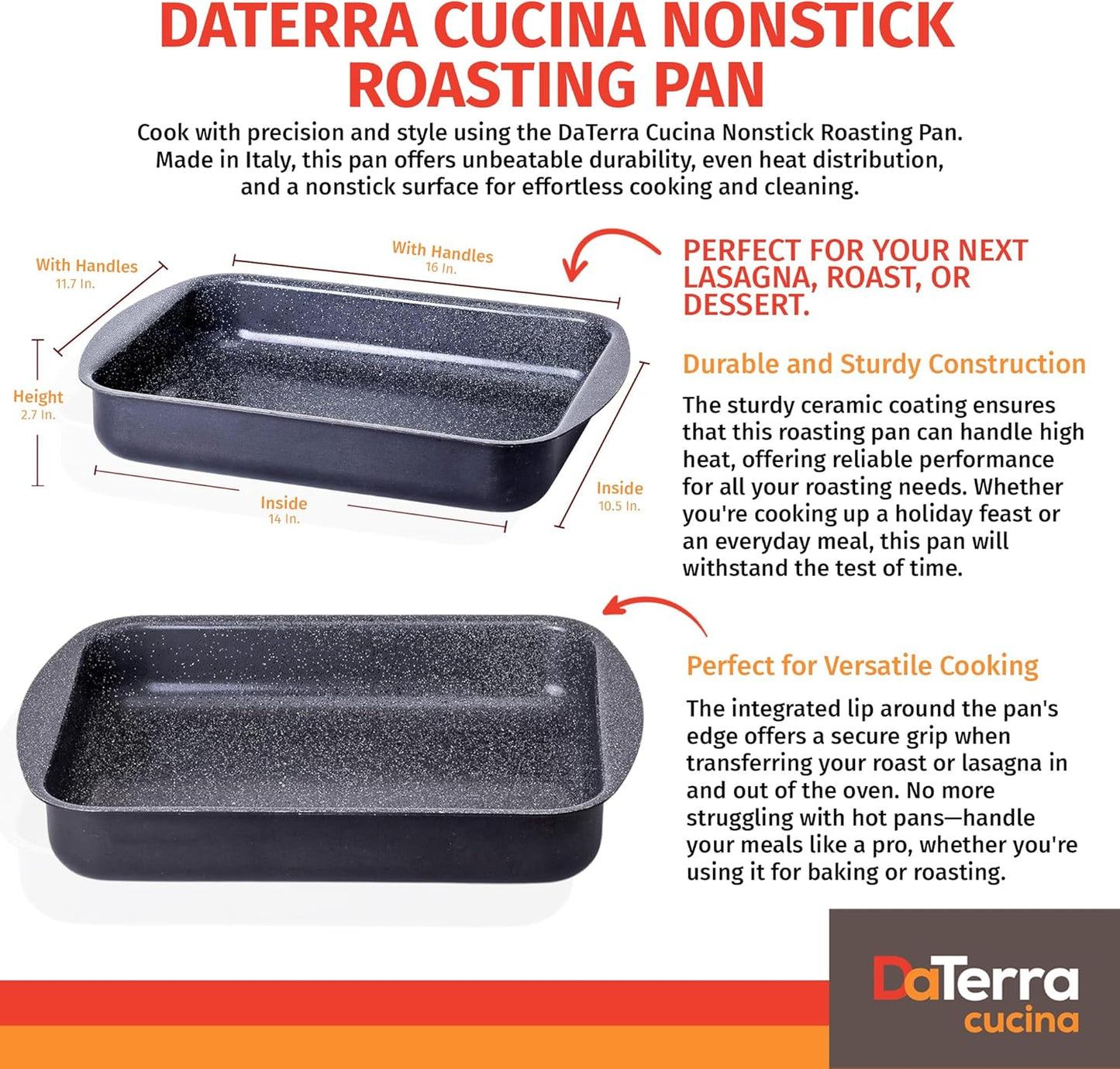DaTerra Cucina Nonstick Roasting & Lasagna Pan – 16"x12"x3", Ceramic-Coated, Oven & Stovetop Safe to 600°F, Sturdy Base, PTFE, PFOA & Lead-Free, Durable & Stylish Deep Roasting Tray - Made in Italy