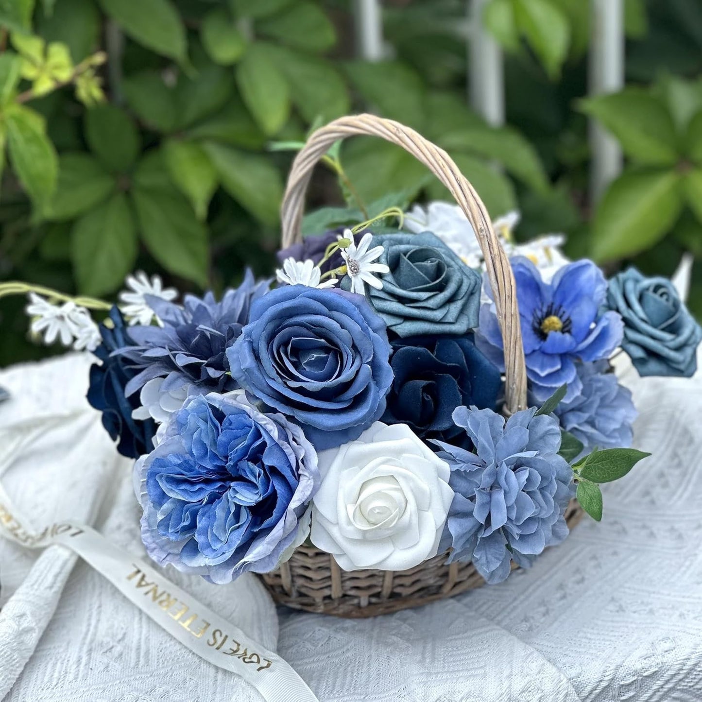 Dusty Blue Roses Silk Artificial Flowers Combo for DIY Bouquet Centerpieces Floral Arrangements, Navy Blue White Faux Flower with Stem Multi Use Wedding Party Home Decorations