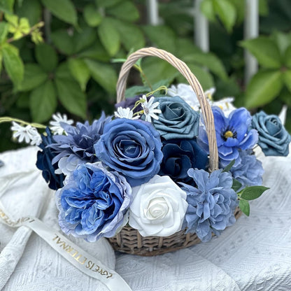 Dusty Blue Roses Silk Artificial Flowers Combo for DIY Bouquet Centerpieces Floral Arrangements, Navy Blue White Faux Flower with Stem Multi Use Wedding Party Home Decorations
